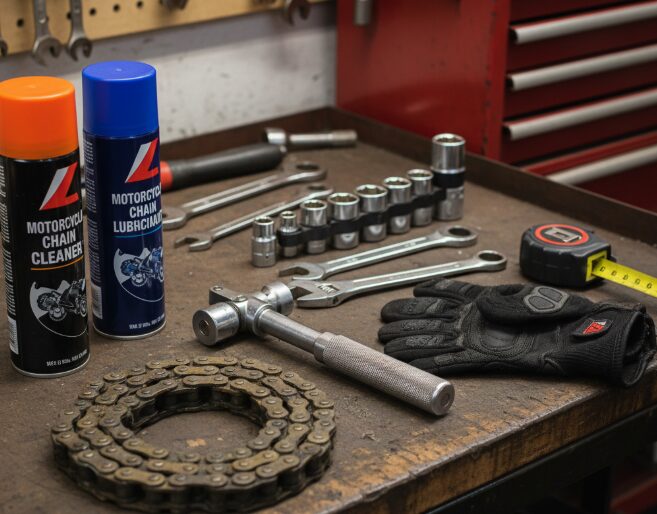 What tools are needed to tighten a motorcycle chain?