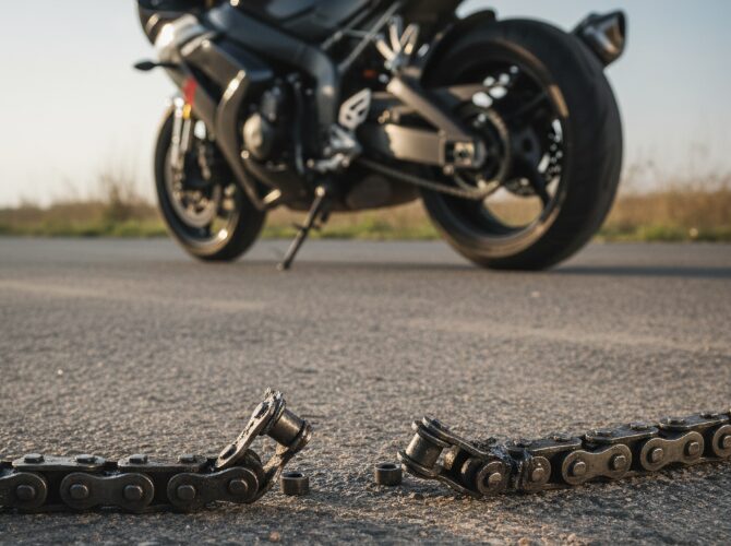 The motorcycle chain broke.