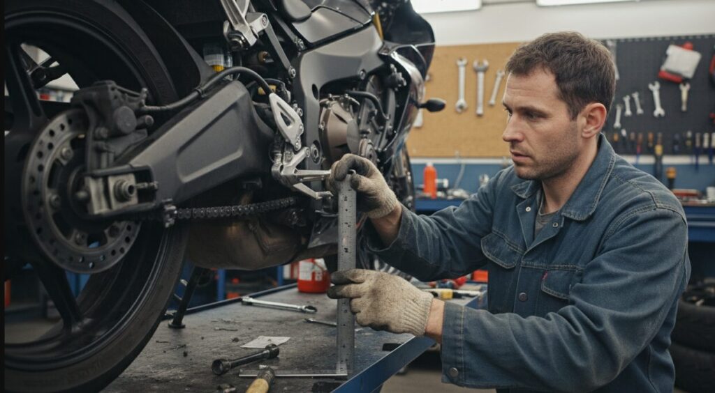 Фотография мотомеханика, проверяющего натяжение цепи на мотоцикле.