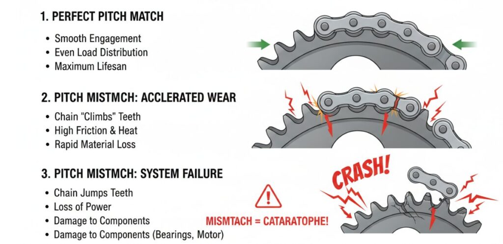 Quels sont les effets d'un écart entre le pas du pignon et le pas de la chaîne ?