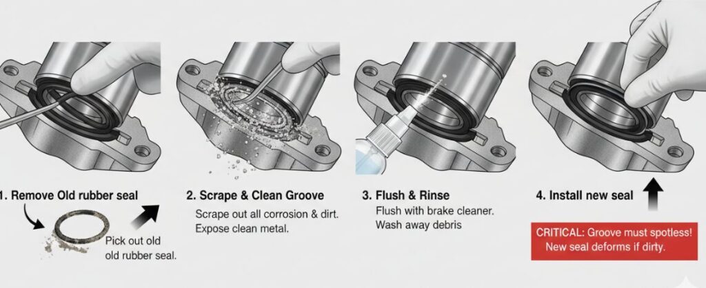 Remontage des étriers de frein : nettoyage en profondeur et traitement des rainures d'étanchéité.