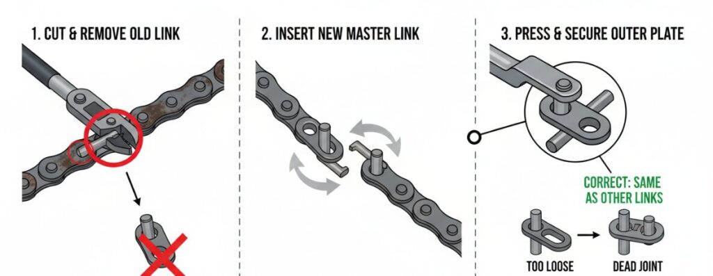 How to shorten a motorcycle chain: install the hinge and press in the chain plates.