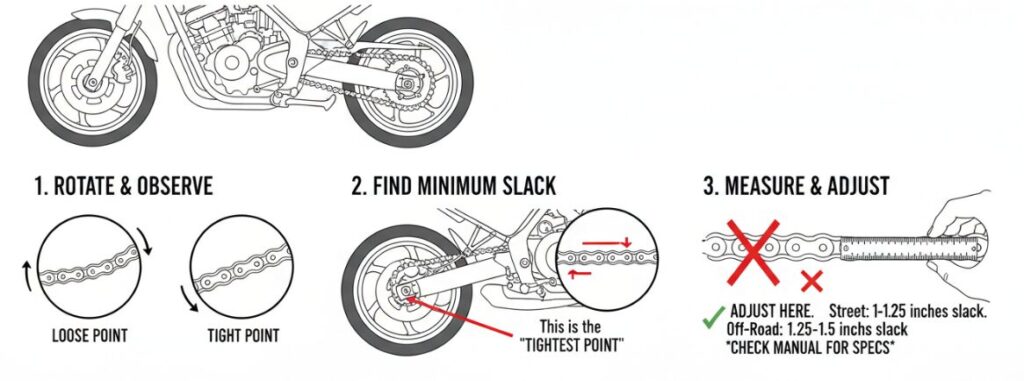 How to find the tightest point on a motorcycle chain.