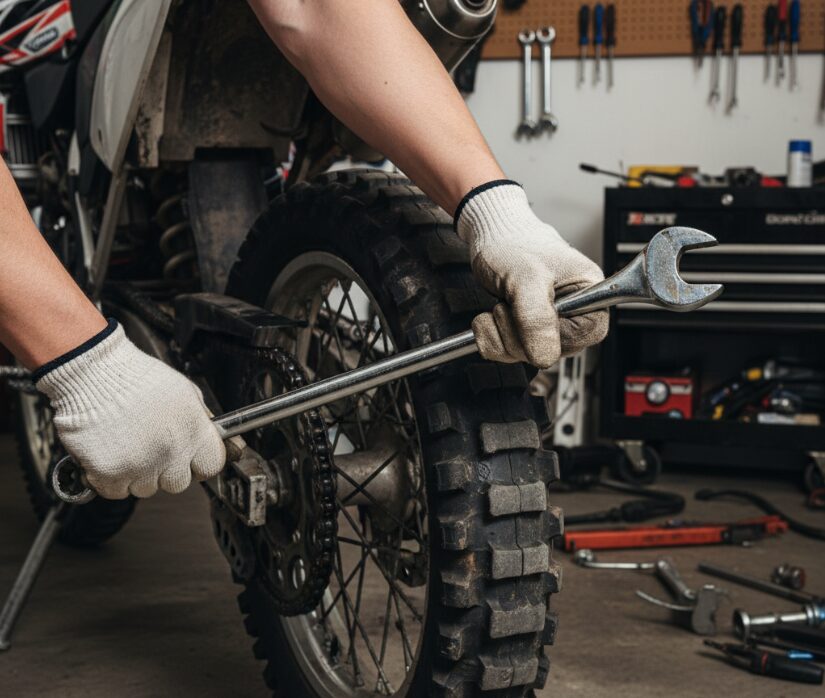 Ослабьте гайку оси заднего колеса мотоцикла