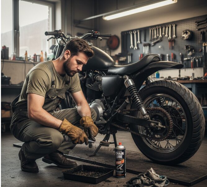 Motorcycle cleaners are cleaning rusty motorcycle chains.