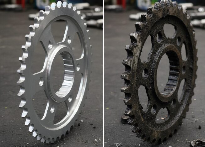 Comparison of brand new and worn sprockets