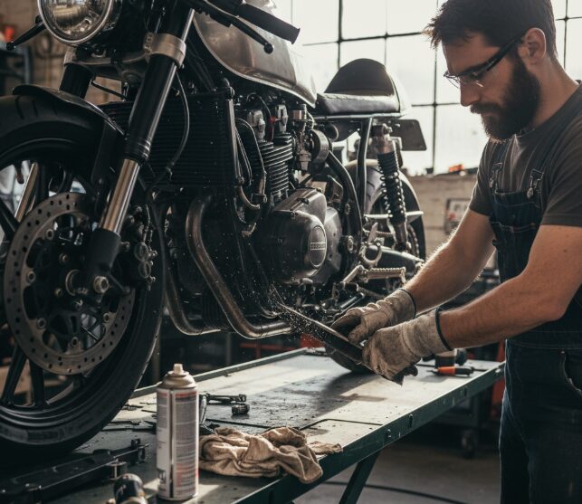 A motorcycle mechanic is cleaning the chain with a chain brush.