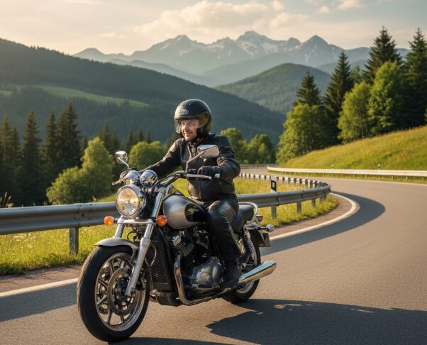 A rider enjoys a safe and comfortable ride on a well-maintained motorcycle along a scenic road.