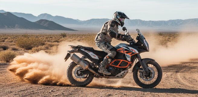 Езда на мотоцикле по сухим и пыльным грунтовым дорогам