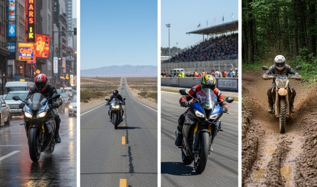 Images of city streets, long-distance highways, racetracks, and off-road mud.