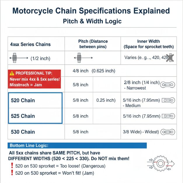 Diagramm zum Größenvergleich von Motorradketten