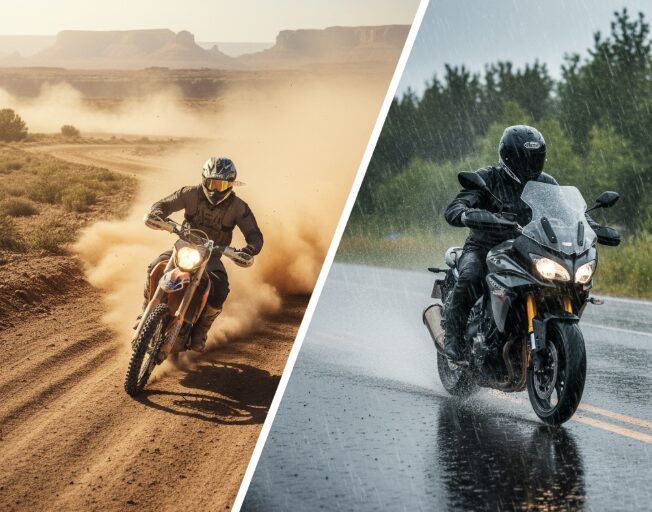 Scènes de motos conduites dans des environnements poussiéreux et des jours de pluie.