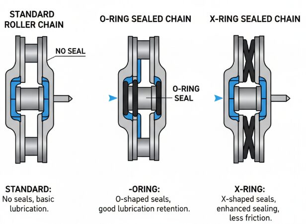 Tableau comparatif des chaînes ordinaires, des chaînes à joint d'huile de type O et des chaînes à joint d'huile de type X.
