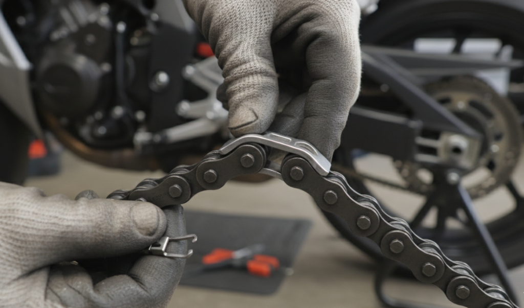 Thread the master link into the end of the chain.