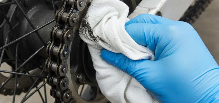 Using a rag to wipe the excess oil off the side of the chain
