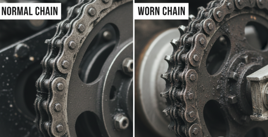 Normal chain structure and severely worn chain