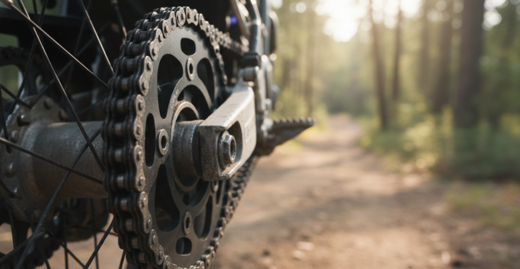 Крупный план велосипедной цепи и задней звездочки во время катания на улице.