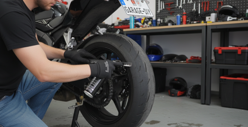 Владелец автомобиля использует рулетку в гараже, чтобы проверить натяжение цепи.