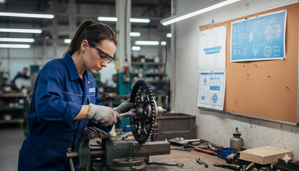 The engineer uses this gear at the factory workbench.