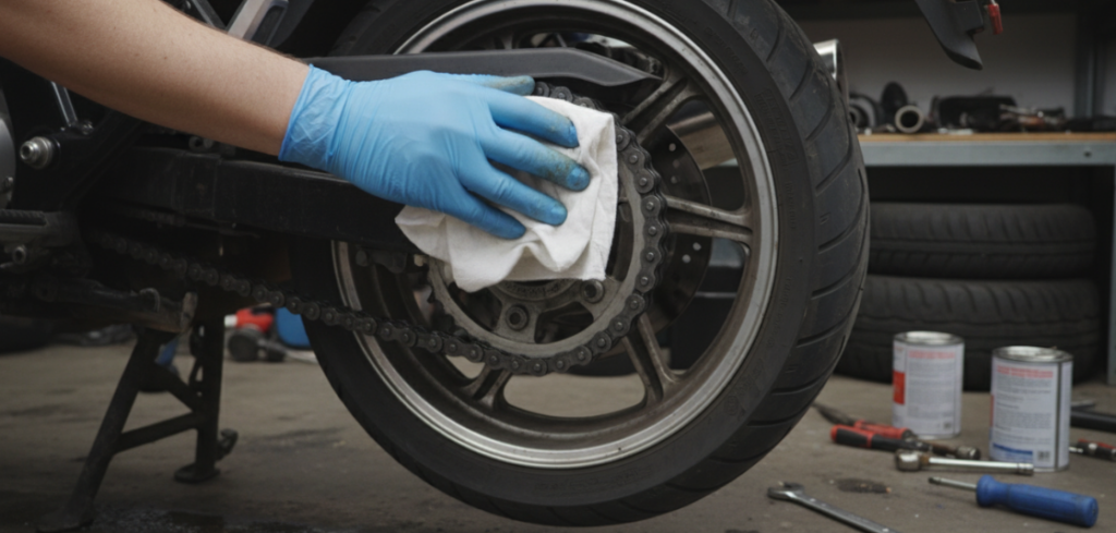 Wischen Sie überschüssiges Kettenöl ab.