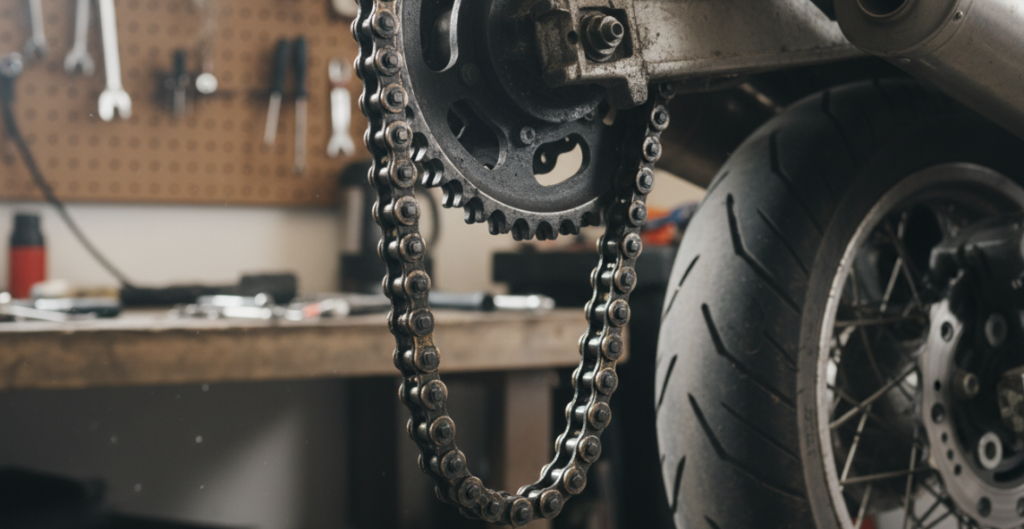 The motorcycle chain is noticeably sagging and loose.