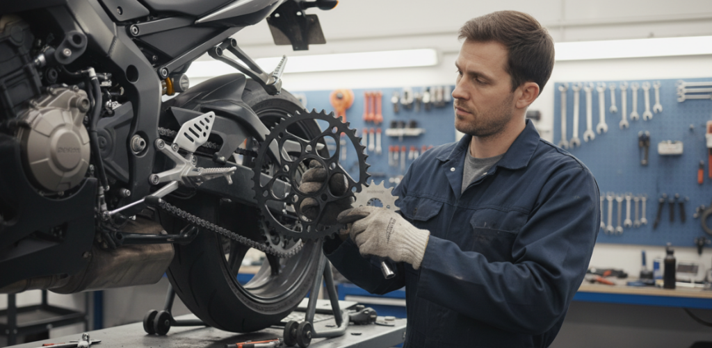 A repairman repairs a motorcycle.