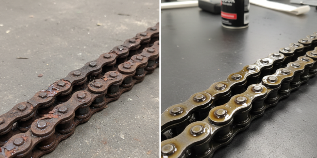 Ржавая цепь и блестящая, смазанная цепь