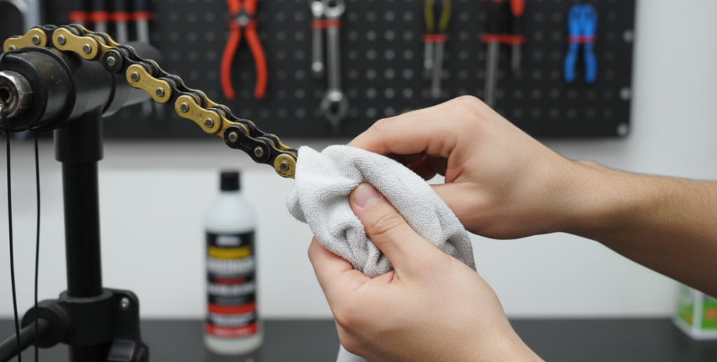 Протрите цепь сухой тканью.