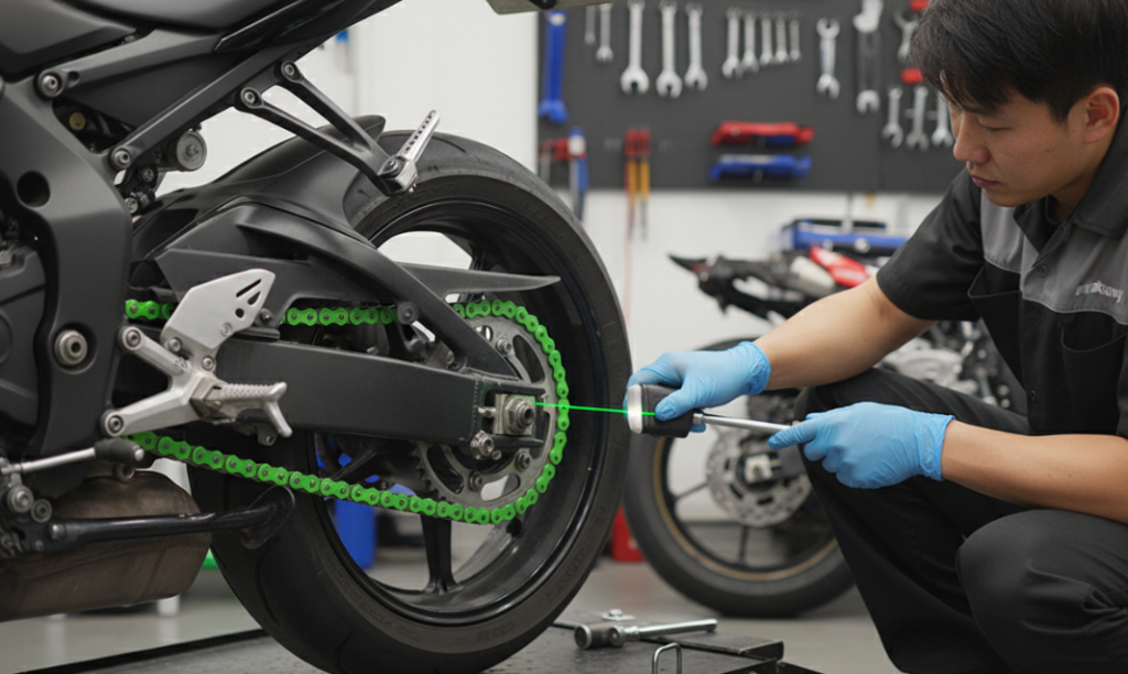 The mechanic is inspecting the motorcycle chain.
