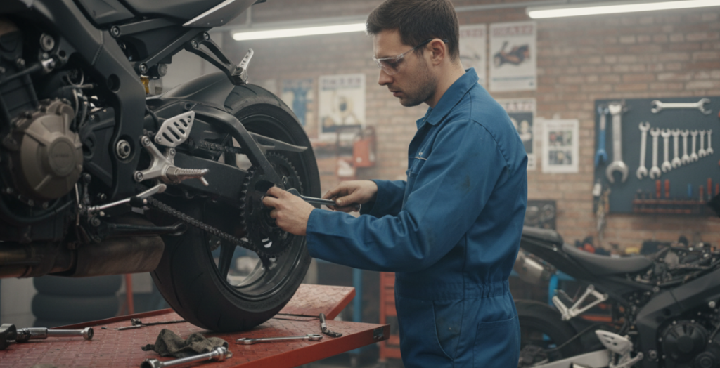 Un mécanicien change une boîte de vitesses dans l'atelier.