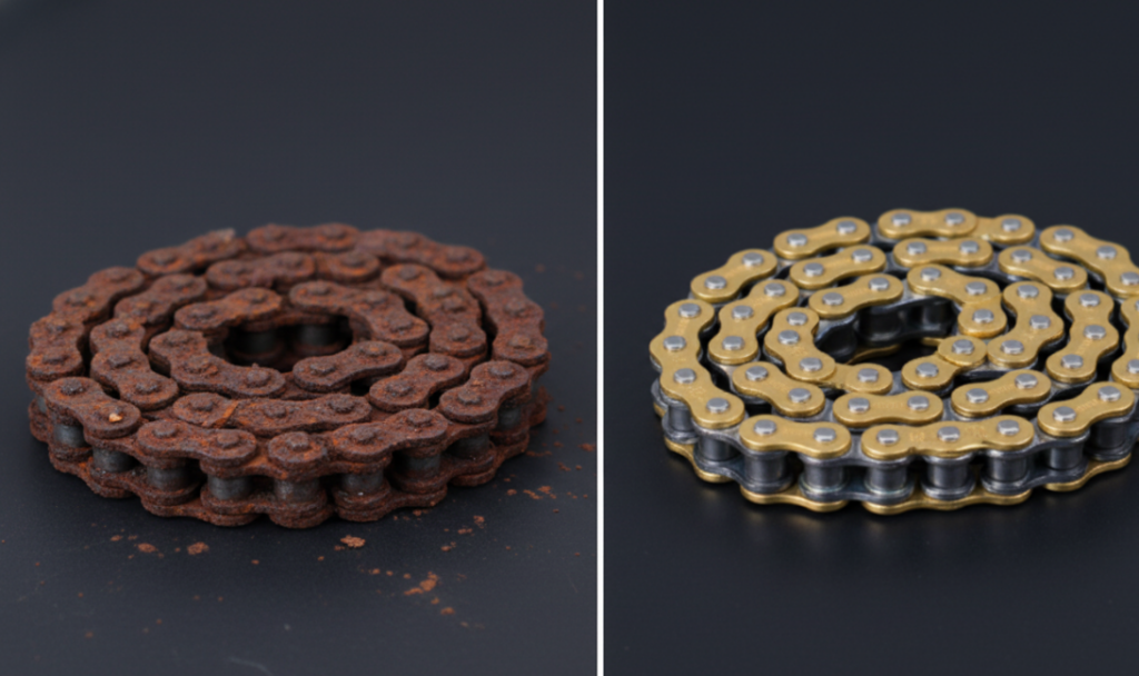 Verrostete Kette und gereinigte Kette