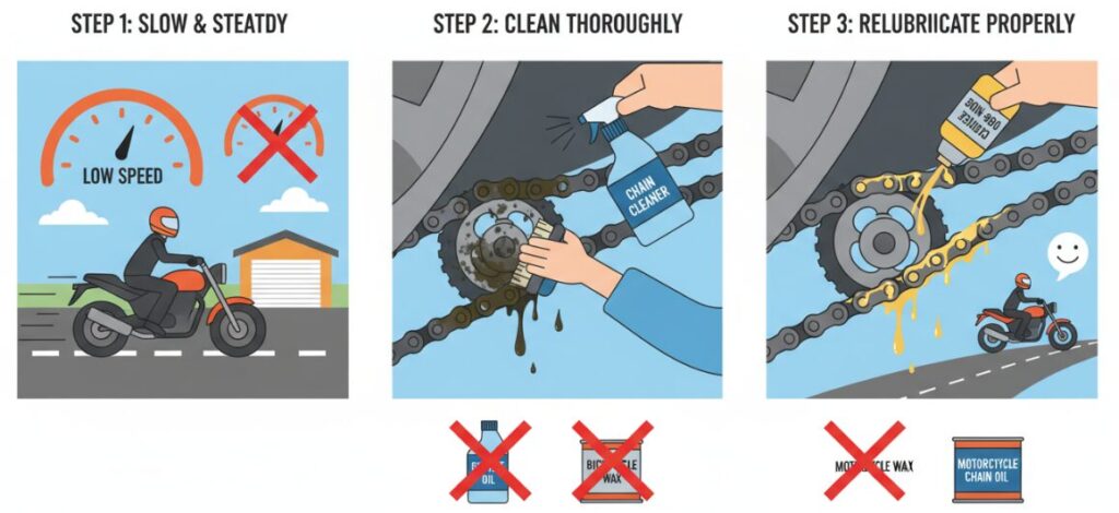 How to deal with a motorcycle chain after using bicycle chain oil on it.