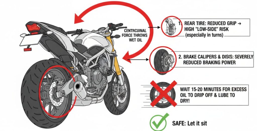 The safety risks of riding a motorcycle immediately after lubricating the chain.