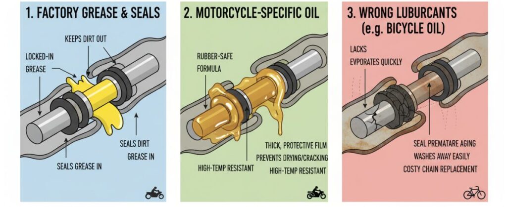 The reason why you shouldn't use bicycle lubricant to lubricate a motorcycle chain.