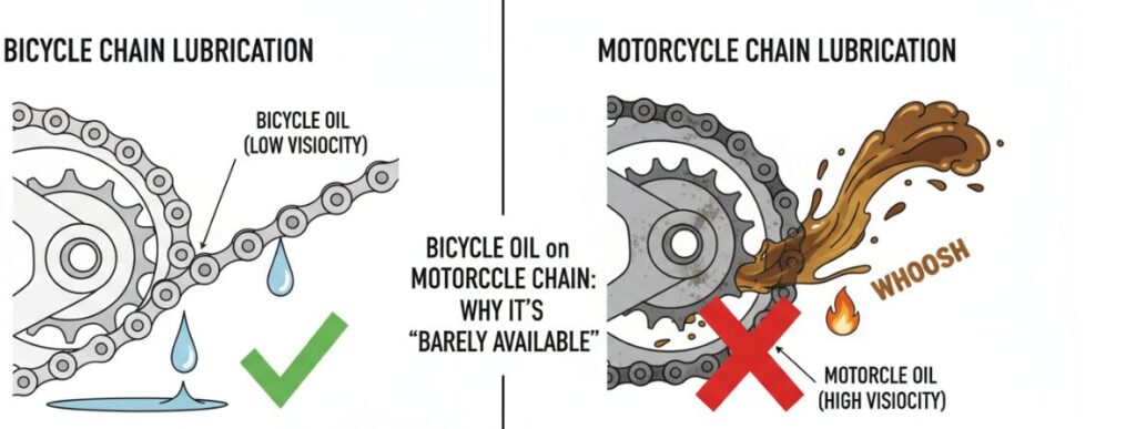 The reason why you shouldn't use bicycle lubricant to lubricate a motorcycle chain.